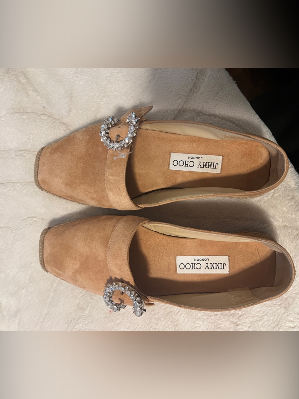 Authentic Jimmy Choo Tan Suede Crystal-Buckle Loafers Espadrilles